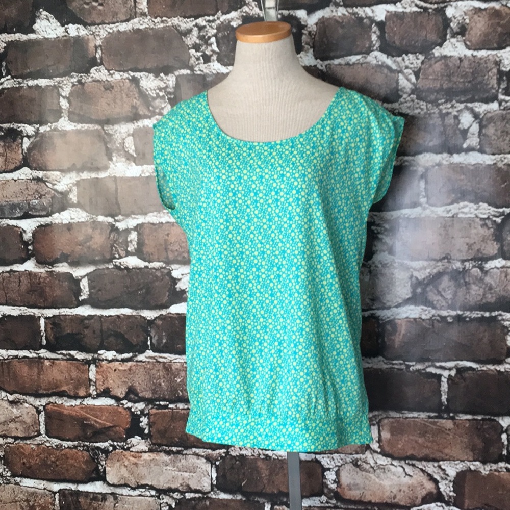 Ann Taylor Small S Top Shirt Blouse Green Polka Dot Teal Gathered Waist